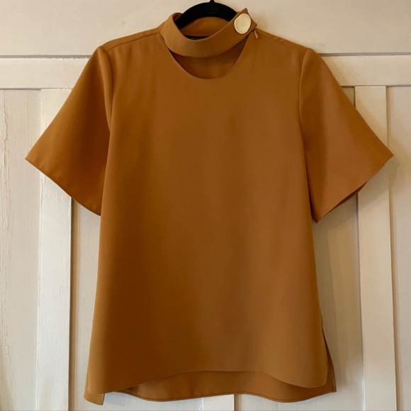 Zara Keyhole Mockneck Button Blouse Honey/Saffron Yellow - Picture 3 of 4